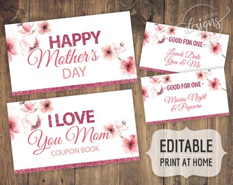 MOTHER'S DAY Coupons, Personalized Gift Ideas for Mom, Birthday Gift for Her, Editable Printable Coupon Book Template, Instant Download DIY