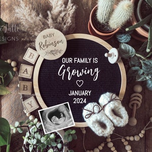 Pregnancy Announcement Digital, Pregnancy Announcement Template Social Media, Plants Neutral Boho Baby, Family Growing Letter Board, Cactus