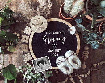 Plants Bohemian Pregnancy Announcement Social Media, Gender Neutral Baby, Digital Editable DIY Template Family Growing Letter Board, Cactus