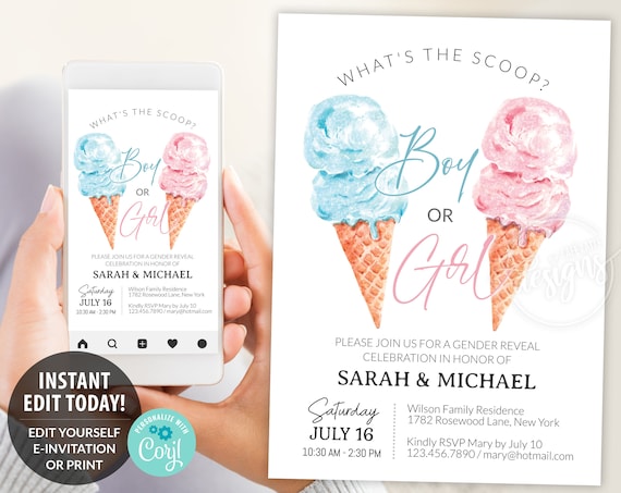 Whats The Scoop Gender Reveal Invitation Editable Printable, Boy or Girl Ice Cream Summer E-Invitation Party Invite, Card Instant DIY, 5x7 Il_570xn