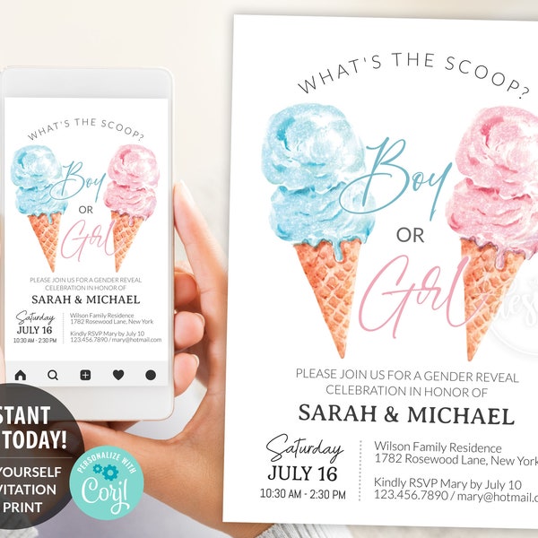 Whats The Scoop Gender Reveal Uitnodiging Bewerkbaar Afdrukbaar, Jongen of Meisje Ice Cream Summer E-Invitation Party Invite, Card Instant DIY, 5x7