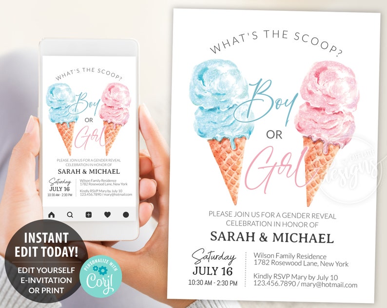Gender Reveal Digital Invitation Template, Whats The Scoop Boy or Girl Gender Reveal Invite, Blue and Pink Glitter Ice Cream Cones