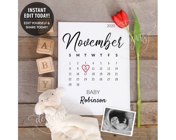 Due Date Calendar Pregnancy Announcement Editable, Baby Announcement Edit Yourself, Digital Instant Social Media, Spring Red Tulip Flower Il_570xn