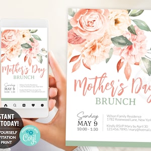 Invitation à la fête des mères Modèle imprimable modifiable, Invitation personnalisée aux fleurs de pivoine Brunch, E-Invite 5x7 pouces Digital Instant DIY Corjl
