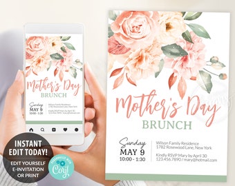 MOTHER'S DAY Invitation Editable Printable Template, Personalized Peony Flowers Brunch Invite, E-Invite 5x7 inches Digital Instant DIY Corjl