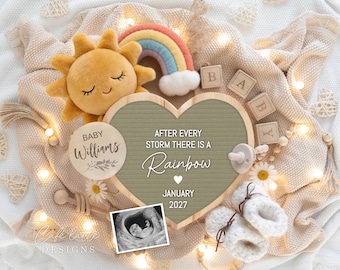 Rainbow Baby Pregnancy Announcement Digital, Gender Neutral Baby Sun Plush, After Every Storm There Is A Rainbow, Editable Template DIY