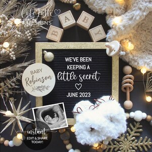Anuncio digital de embarazo navideño para redes sociales, tablero de cartas de plantilla editable en negro y dorado, bebé de invierno de diciembre, Corjl DIY