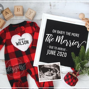 WINTER Pregnancy Announcement, Digital Baby Announcement December January February, Personalized Social Media Baby Reveal Christmas, Plaid The More The Merrier