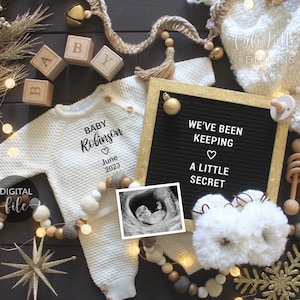 Digital Christmas Pregnancy Announcement Social Media, The More The Merrier, One More Reason to be Merry, Black Gold Winter December Baby Keeping A Secret