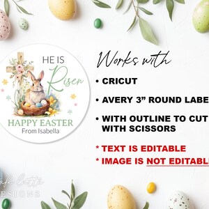 easter stickers printable, easter stickers template, easter cricut stickers, he is risen stickers, avery easter stickers religious cross and bunny rabbit, easter round label template, easter 3 inch round labels editable template, instant download DIY, Easter candy treat bag gift tags for church
