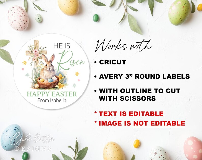 easter stickers printable, easter stickers template, easter cricut stickers, he is risen stickers, avery easter stickers religious cross and bunny rabbit, easter round label template, easter 3 inch round labels editable template, instant download DIY, Easter candy treat bag gift tags for church