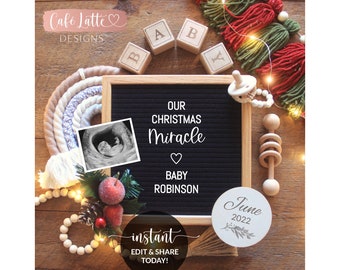 Editable Christmas Miracle Pregnancy Announcement Social Media, Boho Rainbow Baby Letter Board Reveal Digital Template Idea, Instagram DIY