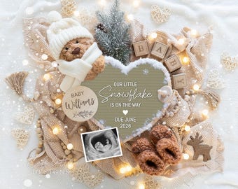 Anuncio de embarazo digital con copo de nieve, Anuncio de bebé digital, Plantilla editable de anuncio de bebé con corazón de oso neutro, Anuncio de bebé DIY, Bebé de invierno