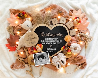 Thanksgiving Pregnancy Announcement Social Media, Gender Neutral Boho Thanksgiving Baby, Digital Editable DIY Template, Autumn Baby