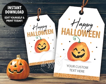 HALLOWEEN Gift Tags Printable, Halloween Gift Tags Editable Template, Personalized Favor Tags with Pumpkin, Gift Labels Kids School Teacher