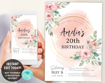 Birthday Invitation Editable Template  / Printable Birthday Invitation / Personalized Peony Flower Invite / Girl Teen Women E-Invite Digital