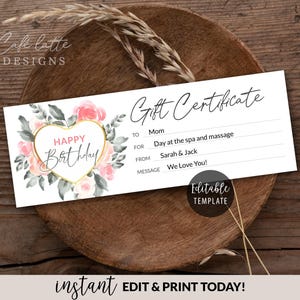 Birthday Gift Certificate Editable Template, Personalized Spa Massage Gift For Mom Coupon Flowers Heart, Instant DIY Last Minute Printable
