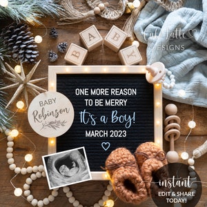 Digital Christmas Boy Gender Reveal For Social Media, Reason to Be Merry Its a Boy Letter Board Pregnancy Announcement Editable Template DIY