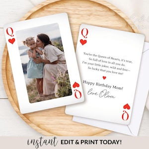 Mama Geburtstagskarte bearbeitbare Vorlage zum ausdrucken, benutzerdefinierte Spielkarte für Kinder Baby Familie Fotoshooting, Herzkönigin Gedicht Digitale Ecard Sofortiger