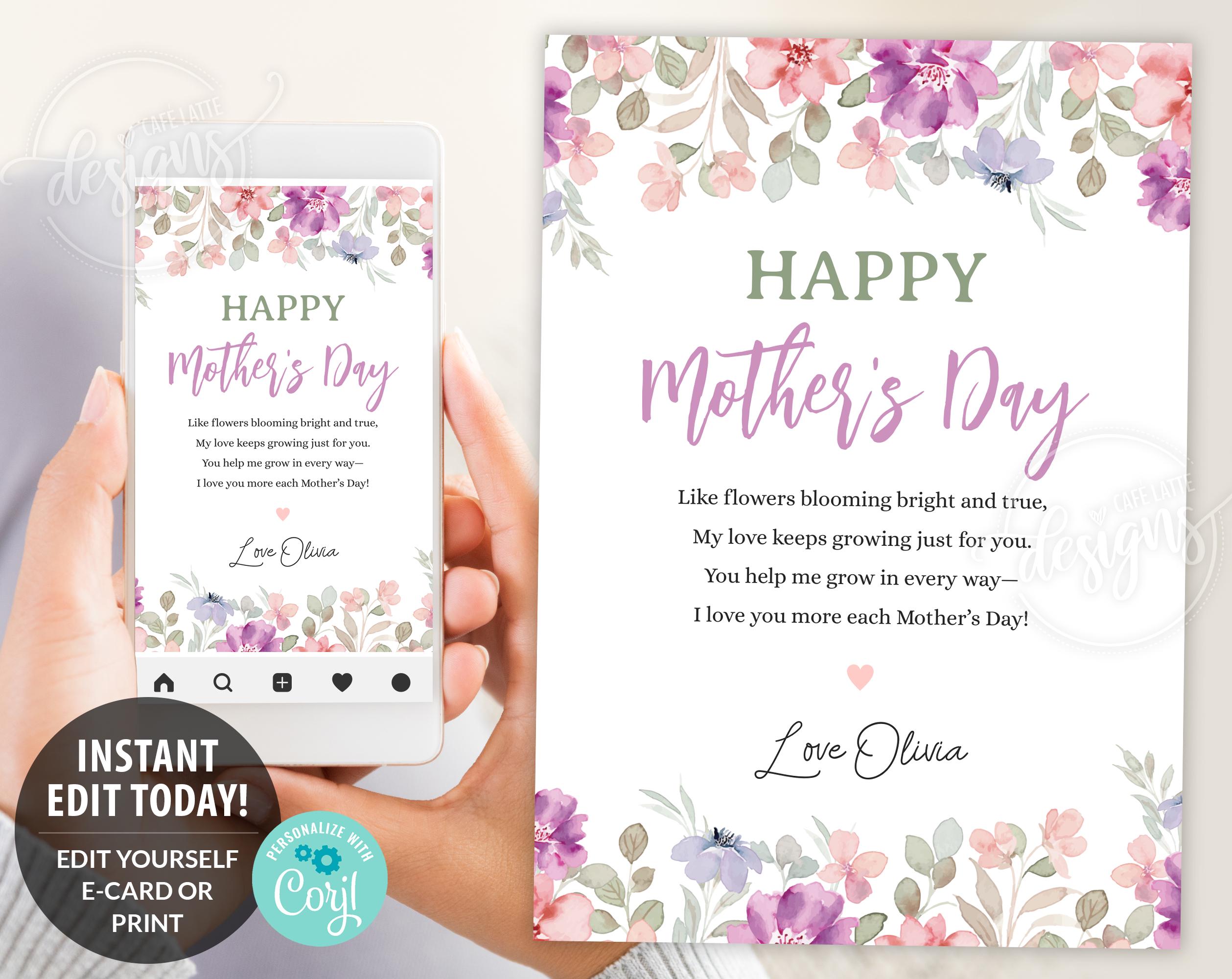 Mothers Day Printable Card for Mom, Personalized Mothers Day Card ...