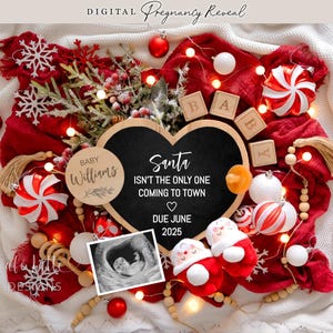 Christmas Pregnancy Announcement Digital, Baby Announcement Digital Social Media, Neutral Boho Santa Christmas Editable Template DIY