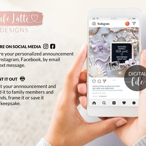 May include: A digital file for a baby announcement on Instagram. The image shows a baby onesie, a chalkboard sign that says "We've been keeping a little secret", and a small photo of a baby. The text "Baby Robinson August 2023" is on the chalkboard sign.