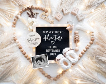 Digital Boho Pregnancy Announcement Social Media, Gender Neutral Baby, Editable DIY Template Next Great Adventure Letter Board, Heart Pampas