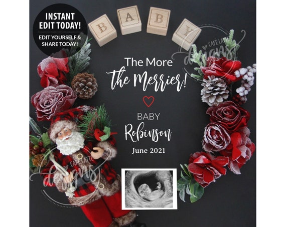 Editable CHRISTMAS Pregnancy Announcement, The More The Merrier, Digital Instant Baby Reveal Social Media, Winter Ideas, Edit Yourself, DIY Il_570xn
