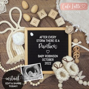 Plantilla digital para anuncio de embarazo de bebé con arcoíris de Pascua editable para redes sociales, conejito bohemio con arcoíris, idea para tablero de letras, Instagram DIY
