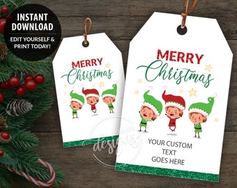 CHRISTMAS Printable Gift Tags, Editable Personalized Favor Tags Template with Elves Elf, Instant Download Labels for Kids School Teacher DIY