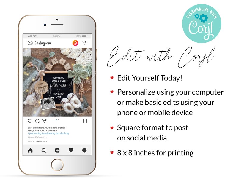 Op de afbeelding: Een digitale mockup van een Instagram-post die de komst van een baby aankondigt. De post bevat een schoolbord met de tekst "We've been keeping a wee little secret" en een echografiebeeld. De post bevat ook verschillende babygerelateerde items, zoals houten blokken, een rammelaar en slofjes. De post is ondertiteld met de tekst "I liked it, you liked it, your friend and 23 others user_name your caption here #yourhashtag #yourhashtag #yourhashtag".
