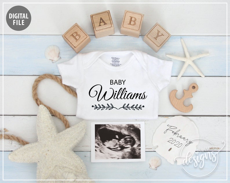 Pregnancy Announcement, Baby Announcement, Summer Baby Starfish Beach Theme, Personalized Social Media Digital Baby Reveal Idea, Shiplap Family Name w/ Vine