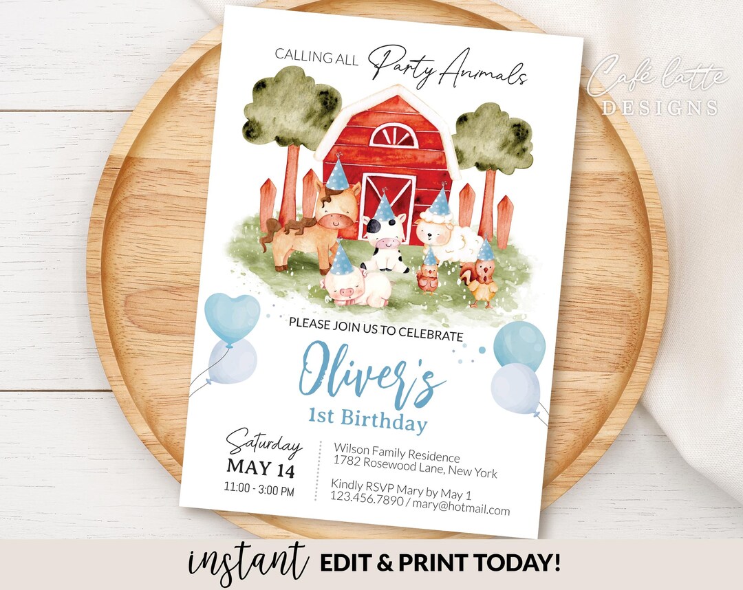 Farm Animals Boy Birthday Invitation, Red Farm Birthday Party Invite ...