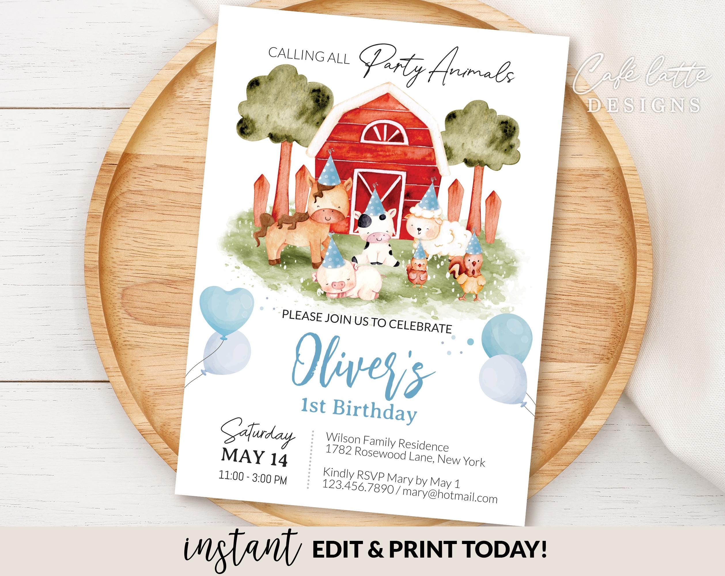 Farm Animals Boy Birthday Invitation, Red Farm Birthday Party Invite ...