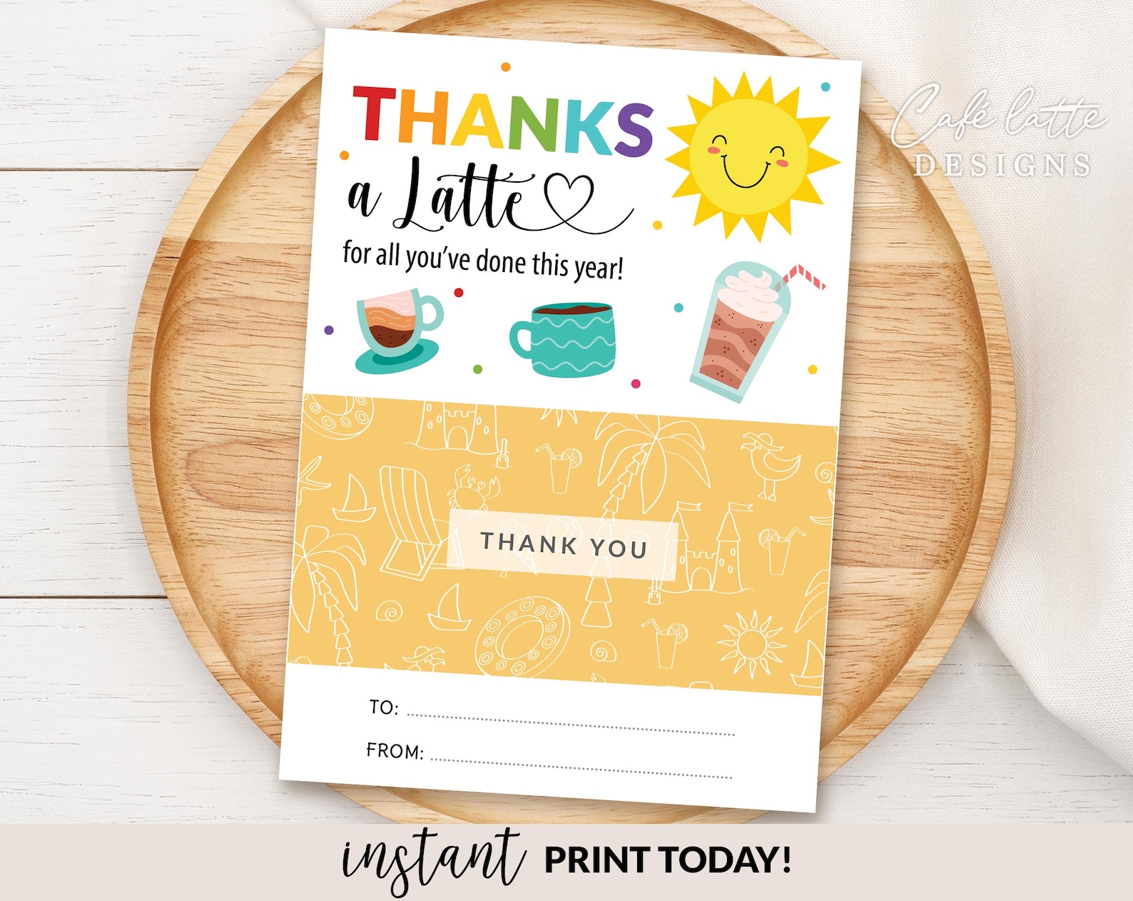 Thanks A Latte Gift Card Holder Printable, Thank You End of Year Summer ...
