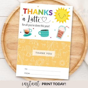 Porta-carta regalo "Thanks A Latte" stampabile, regalo di ringraziamento per insegnanti estivi di fine anno, download immediato della carta regalo "Thanks A Latte"