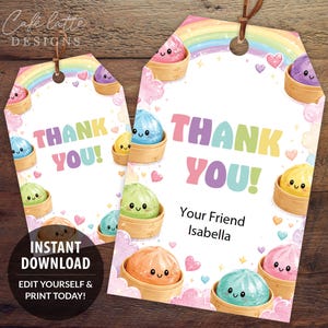 Dumpling Printable Gift Tags, Personalized Glitter Squishy Dumplings Favor Tags Template, Birthday Thank You Labels For Kids Friends
