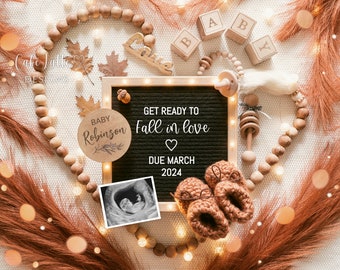 Fall Pregnancy Announcement Social Media, Gender Neutral Boho Autumn Baby, Digital Editable DIY Template Letter Board Get Ready Fall In Love