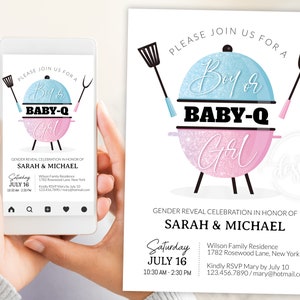 BBQ zomer Gender Reveal uitnodiging bewerkbare sjabloon, jongen meisje juli Baby Q E-uitnodiging feest uitnodigen, digitale kaart, Instant afdrukbare DIY