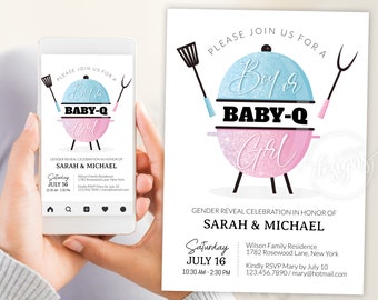BBQ Summer Gender Reveal Invitation Editable Template, Boy Girl July Baby Q E-Invitation Party Invite, Digital Card, Instant Printable DIY