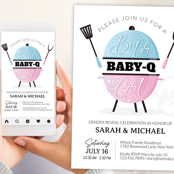 BBQ Summer Gender Reveal Invitation Editable Template, Boy Girl July Baby Q E-Invitation Party Invite, Digital Card, Instant Printable DIY