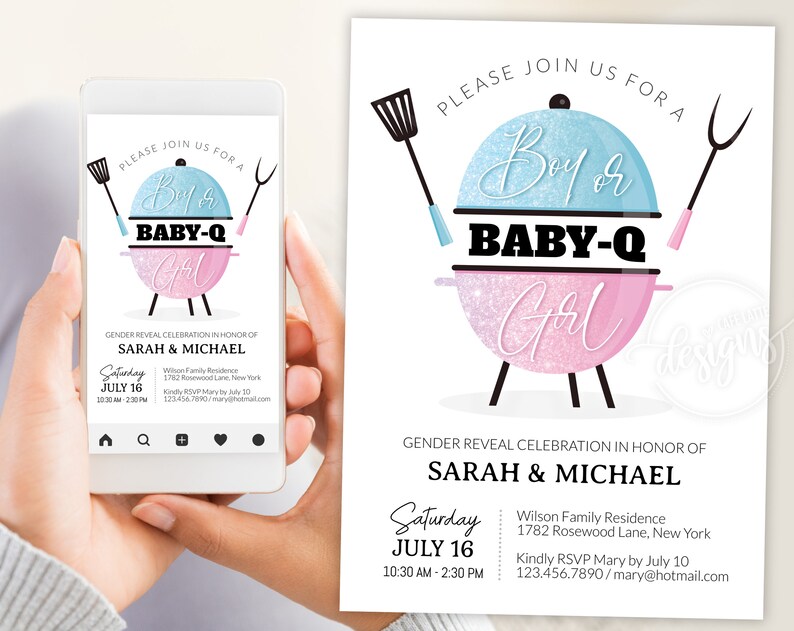 Baby Q Summer Gender reveal invitation, BBQ gender reveal invitation editable template printable invite, Boy or girl baby summer invitation, He or She, Pink and blue glitter barbecue