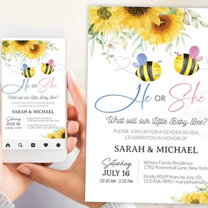 Biene Sommer Gender Reveal Einladung bearbeitbare Vorlage, Er Sie Juni Baby E-Invitation Party einladen, digitale Karte, sofort druckbares DIY