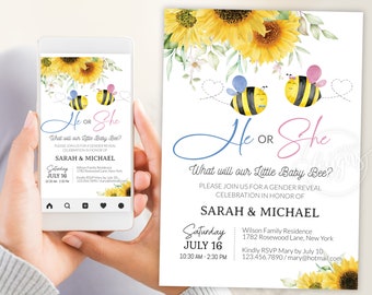 Bee Summer Gender Reveal Invitation Editable Template, He She June July Baby E-Invitation Party Invite, Digital Card, Instant Printable DIY