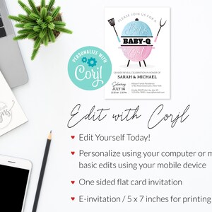 Baby Q Summer Gender reveal invitation, BBQ gender reveal invitation editable template printable invite, Boy or girl baby summer invitation, He or She, Pink and blue glitter barbecue