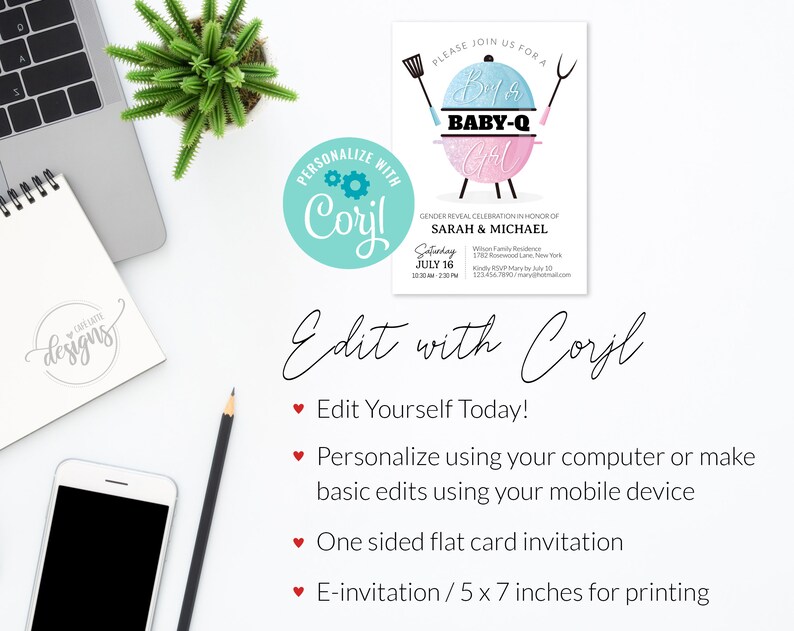 Baby Q Summer Gender reveal invitation, BBQ gender reveal invitation editable template printable invite, Boy or girl baby summer invitation, He or She, Pink and blue glitter barbecue