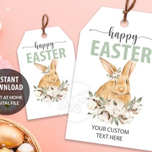 Easter Bunny Gift Tags, Printable Editable Personalized Easter Favor Tags Template with Bunny Rabbit & Cotton, Instant Download Labels Kids