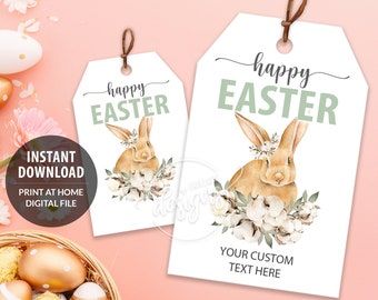 Easter Bunny Gift Tags, Printable Editable Personalized Easter Favor Tags Template with Bunny Rabbit & Cotton, Instant Download Labels Kids