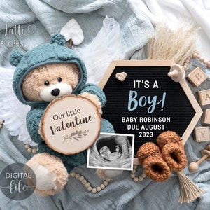 Digital Boy Valentine Gender Reveal Social Media, Boho Its a Boy Baby Hexagon Letter Board Pregnancy Announcement, Bear Blue Outfit Wings