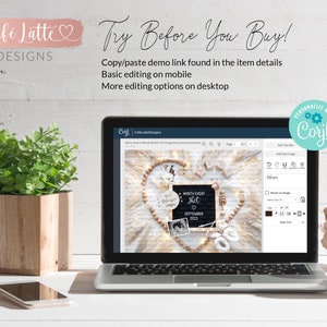 May include: A laptop computer screen displaying a mockup of a pregnancy announcement with a heart made of wooden beads, a chalkboard sign that says "Worth Every Shot", and a photo of an ultrasound. The text "PERSONALIZE WITH Corjl" is in a blue circle in the upper right corner of the screen.